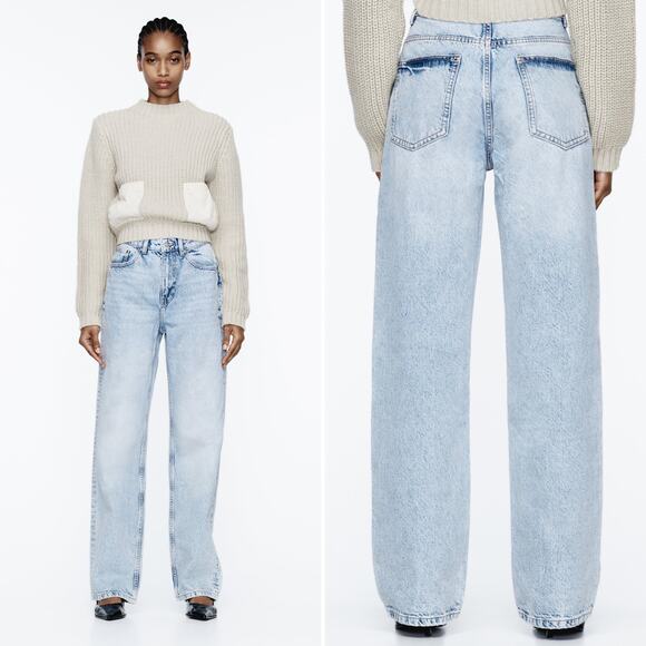 ZARA Z1975 High Rise Long Length Straight Cut Jeans Light Blue Sz 4 Rigid Denim - Picture 2 of 16